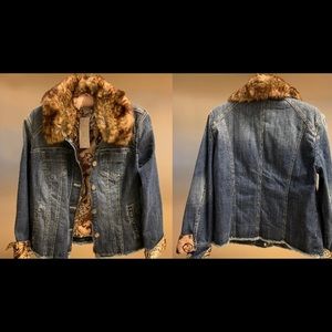 Chico’s denim jacket with fur removable collar and paisley lining.  New.  Size L